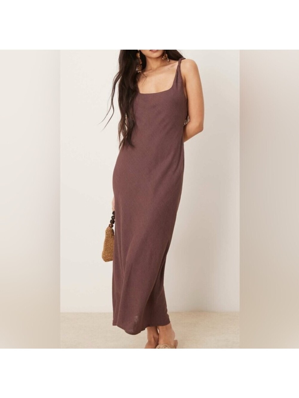 ASOS Linen Maxi Dress Womens Sz L 12 Linen Blend Choc Brown Open Back Minimalist